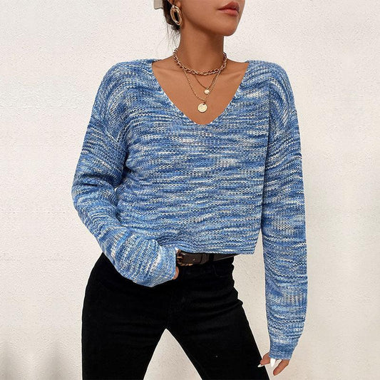 Women's Short Blue Long Sleeve V-Neck Sweater - 808Lush