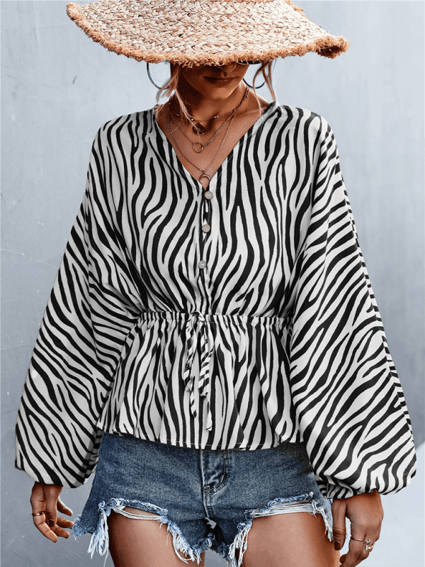 Women's Single Breasted V-Neck Zebra Print Top - 808Lush