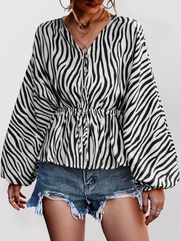 Women's Single Breasted V-Neck Zebra Print Top - 808Lush