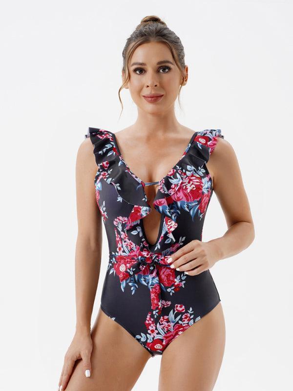 Women's Skinny Backless Floral Print One Piece Swimsuit - 808Lush