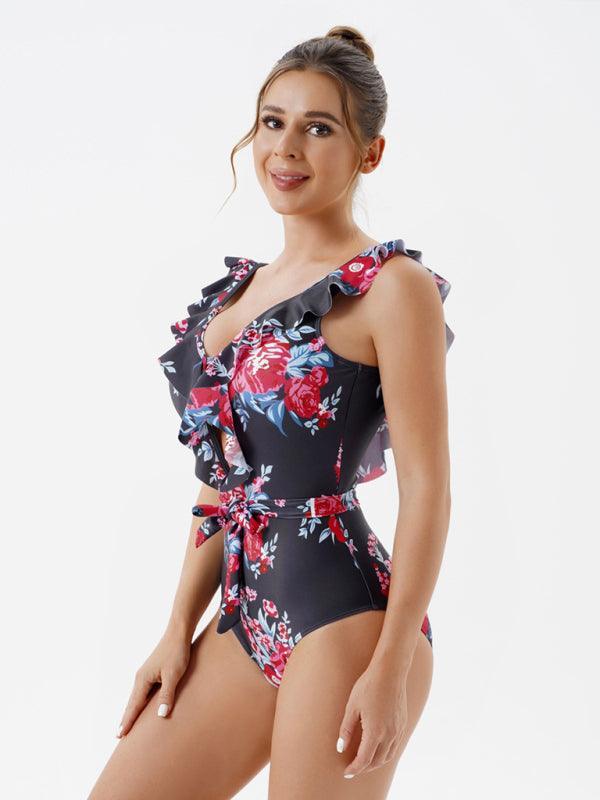 Women's Skinny Backless Floral Print One Piece Swimsuit - 808Lush