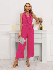 Women's Sleeveless V Neck Ruffle Lace Pleated Jumpsuit - 808Lush