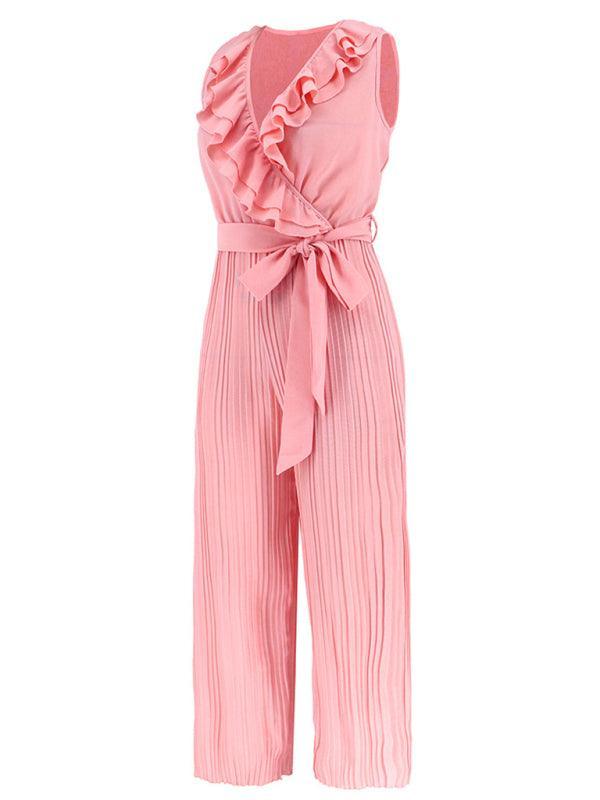 Women's Sleeveless V Neck Ruffle Lace Pleated Jumpsuit - 808Lush