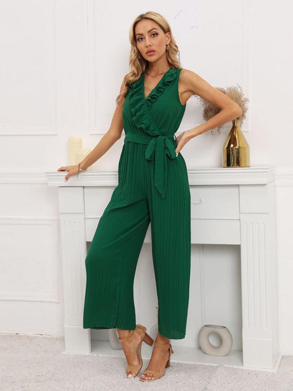 Women's Sleeveless V Neck Ruffle Lace Pleated Jumpsuit - 808Lush