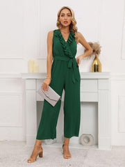 Women's Sleeveless V Neck Ruffle Lace Pleated Jumpsuit - 808Lush