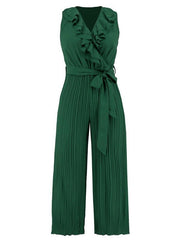 Women's Sleeveless V Neck Ruffle Lace Pleated Jumpsuit - 808Lush