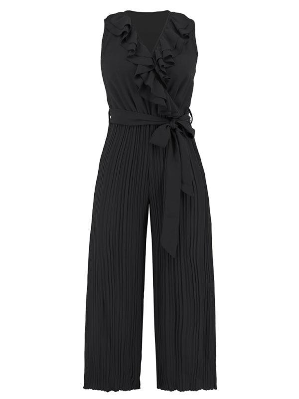 Women's Sleeveless V Neck Ruffle Lace Pleated Jumpsuit - 808Lush