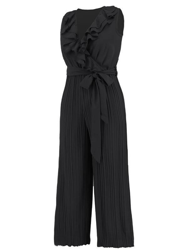 Women's Sleeveless V Neck Ruffle Lace Pleated Jumpsuit - 808Lush