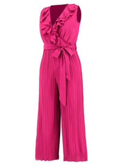 Women's Sleeveless V Neck Ruffle Lace Pleated Jumpsuit - 808Lush