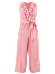 Women's Sleeveless V Neck Ruffle Lace Pleated Jumpsuit - 808Lush