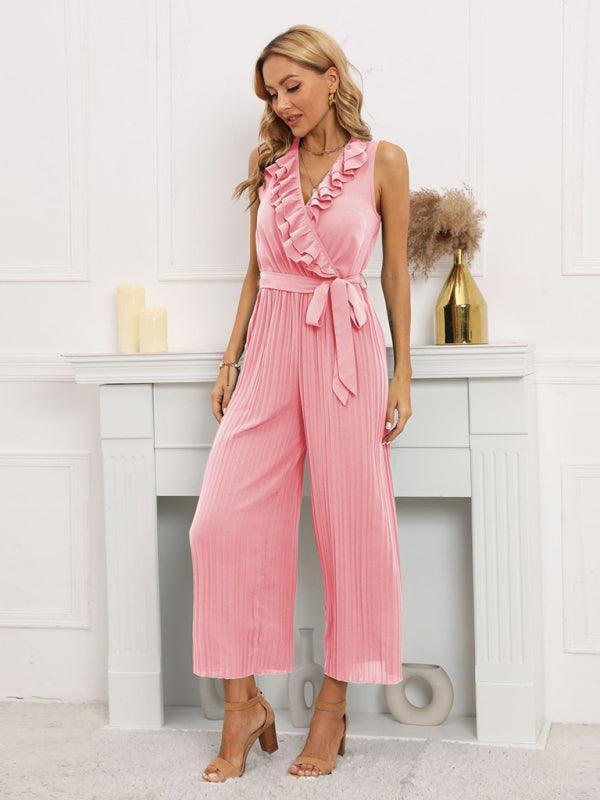 Women's Sleeveless V Neck Ruffle Lace Pleated Jumpsuit - 808Lush