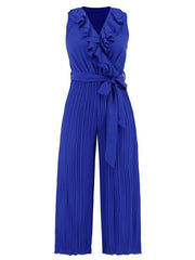 Women's Sleeveless V Neck Ruffle Lace Pleated Jumpsuit - 808Lush