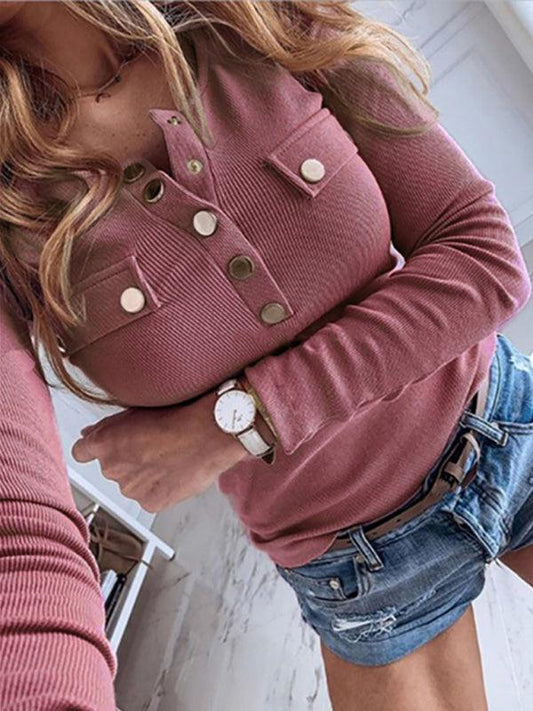 Women's Solid Color Long Sleeve Button Knit Top - 808Lush