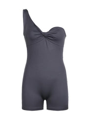 Women's Solid Color One Shoulder Asymmetrical Twist Bandeau Sports Jumpsuit - 808Lush