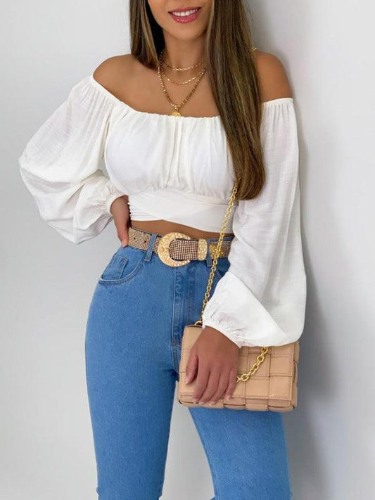 Women's Solid Color One Shoulder Balloon Sleeve Top - 808Lush
