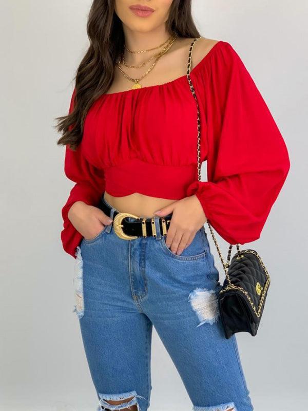 Women's Solid Color One Shoulder Balloon Sleeve Top - 808Lush