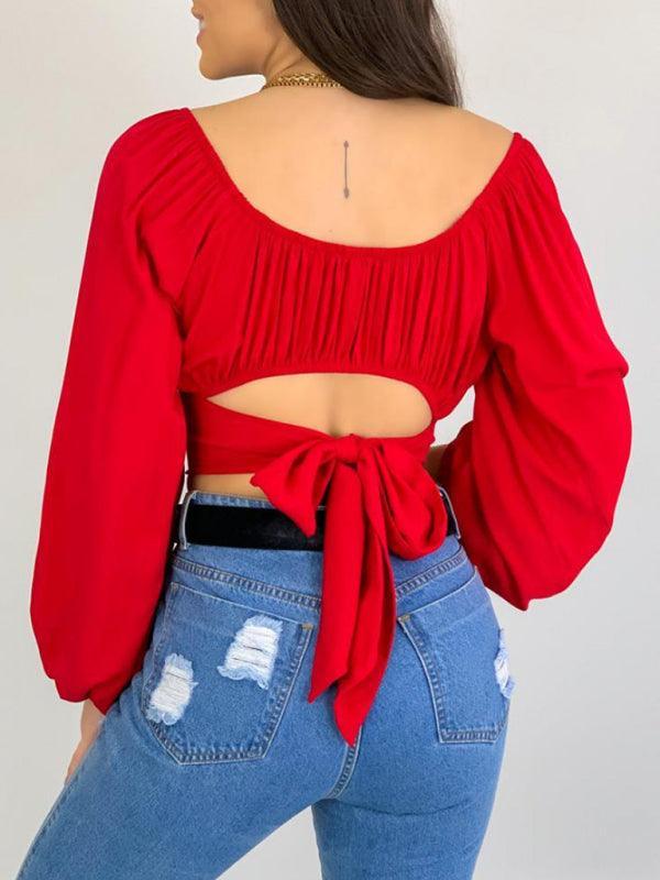 Women's Solid Color One Shoulder Balloon Sleeve Top - 808Lush