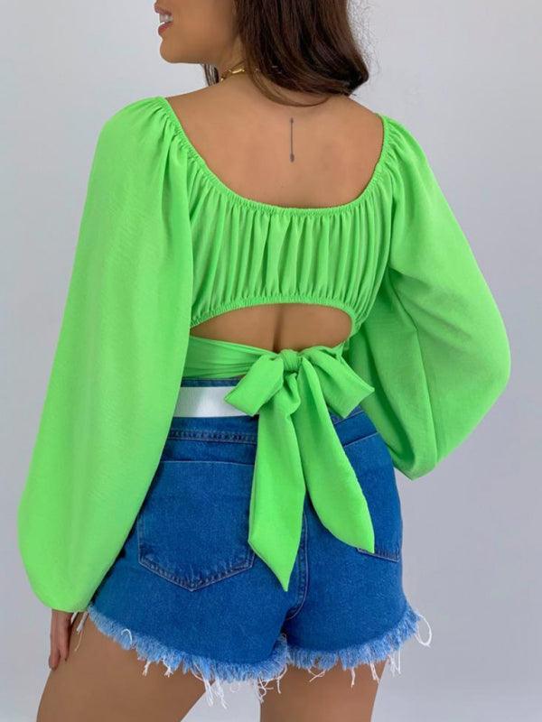 Women's Solid Color One Shoulder Balloon Sleeve Top - 808Lush