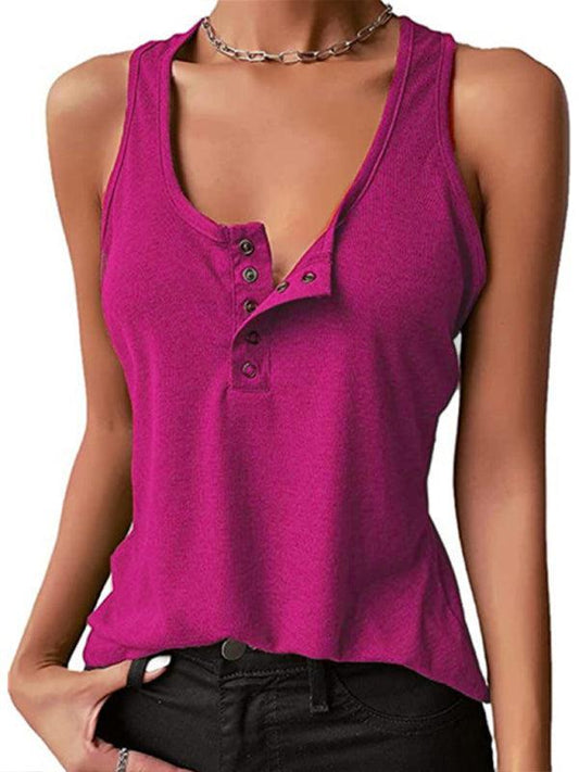 Women's Solid Color Snap Button Casual Sleeveless Tank Top - 808Lush