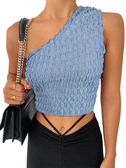 Women's Solid Color Texture One Shoulder Tank Top - 808Lush