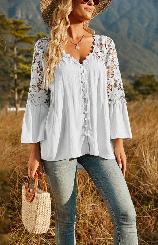 Women's Solid Deep V Pullover Chiffon Blouse - 808Lush