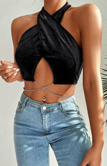 Women's Solid Knit Chain Velvet Halter Tank Top - 808Lush