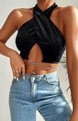 Women's Solid Knit Chain Velvet Halter Tank Top - 808Lush