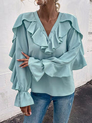 Women's Solid V-Neck Ruffle Panel Top - 808Lush