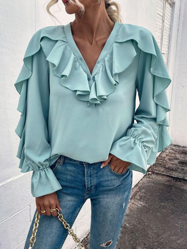 Women's Solid V-Neck Ruffle Panel Top - 808Lush