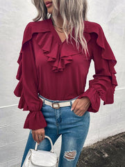 Women's Solid V-Neck Ruffle Panel Top - 808Lush