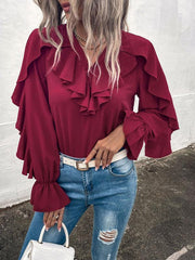 Women's Solid V-Neck Ruffle Panel Top - 808Lush