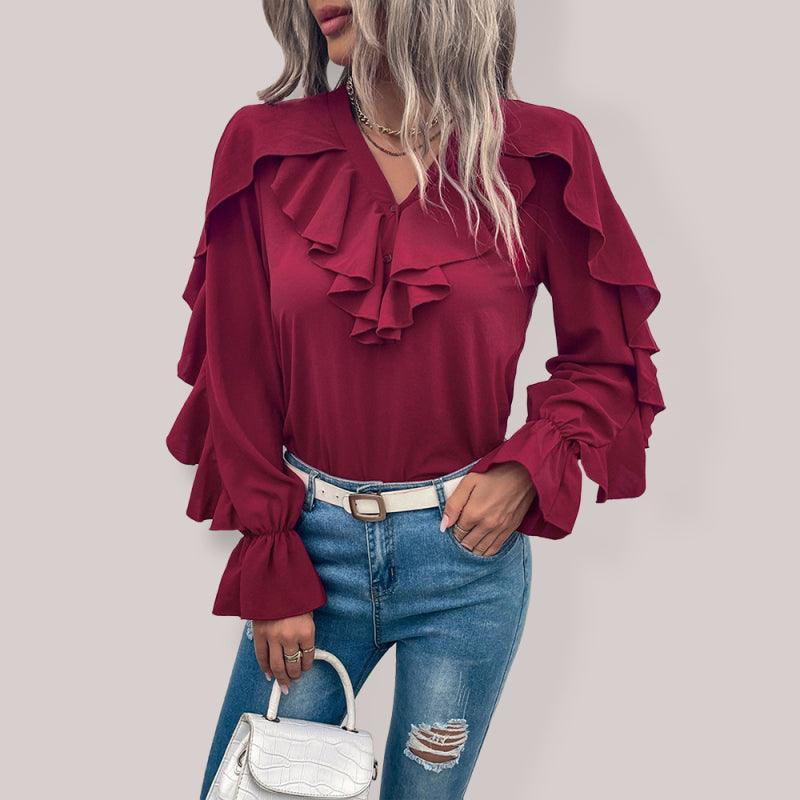 Women's Solid V-Neck Ruffle Panel Top - 808Lush