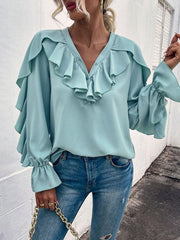 Women's Solid V-Neck Ruffle Panel Top - 808Lush