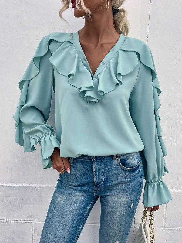 Women's Solid V-Neck Ruffle Panel Top - 808Lush