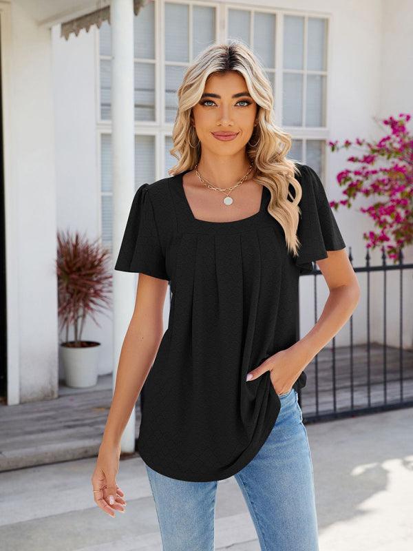 Women's Square Neck Bell Sleeve Pleated Short Sleeve Loose T-Shirt - 808Lush