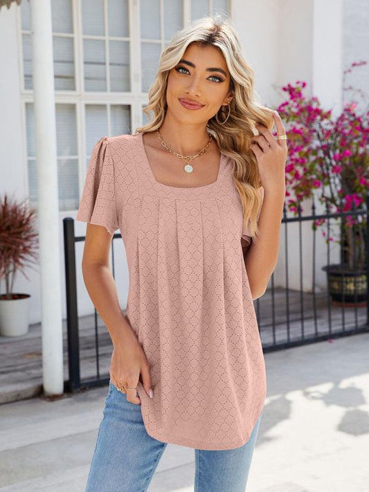 Women's Square Neck Bell Sleeve Pleated Short Sleeve Loose T-Shirt - 808Lush