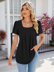 Women's Square Neck Bell Sleeve Pleated Short Sleeve Loose T-Shirt - 808Lush