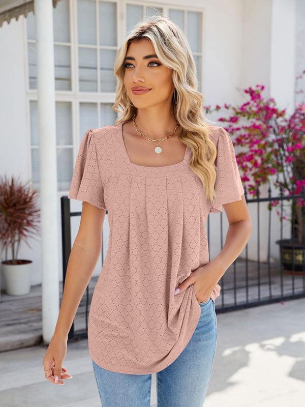 Women's Square Neck Bell Sleeve Pleated Short Sleeve Loose T-Shirt - 808Lush