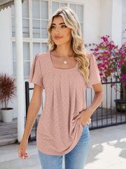 Women's Square Neck Bell Sleeve Pleated Short Sleeve Loose T-Shirt - 808Lush