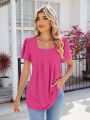 Women's Square Neck Bell Sleeve Pleated Short Sleeve Loose T-Shirt - 808Lush