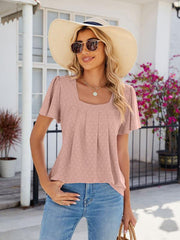 Women's Square Neck Bell Sleeve Pleated Short Sleeve Loose T-Shirt - 808Lush