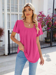 Women's Square Neck Bell Sleeve Pleated Short Sleeve Loose T-Shirt - 808Lush