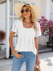 Women's Square Neck Bell Sleeve Pleated Short Sleeve Loose T-Shirt - 808Lush