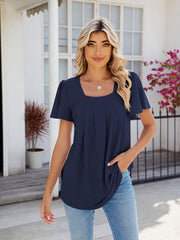 Women's Square Neck Bell Sleeve Pleated Short Sleeve Loose T-Shirt - 808Lush