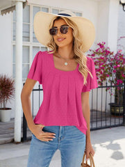 Women's Square Neck Bell Sleeve Pleated Short Sleeve Loose T-Shirt - 808Lush