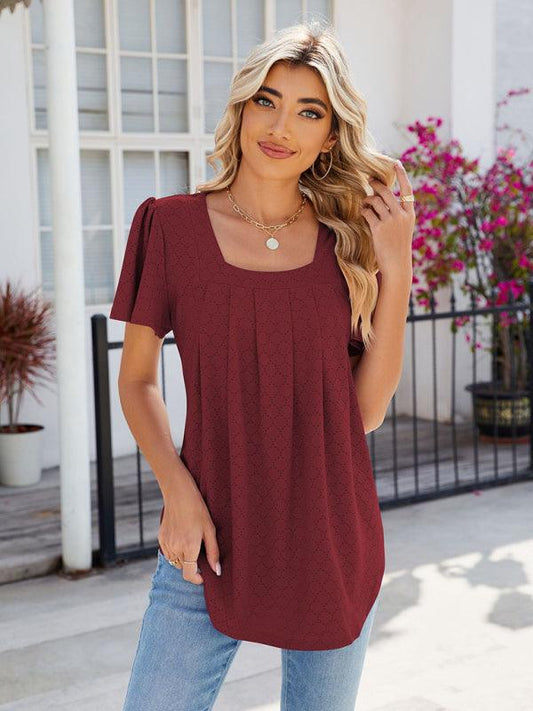 Women's Square Neck Bell Sleeve Pleated Short Sleeve Loose T-Shirt - 808Lush