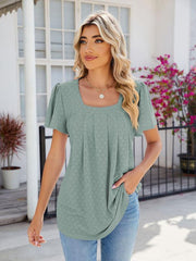 Women's Square Neck Bell Sleeve Pleated Short Sleeve Loose T-Shirt - 808Lush