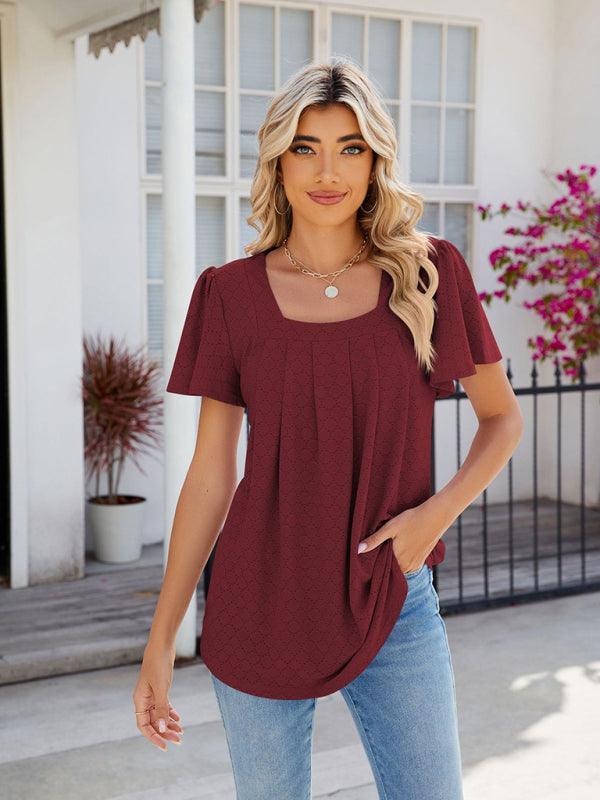 Women's Square Neck Bell Sleeve Pleated Short Sleeve Loose T-Shirt - 808Lush