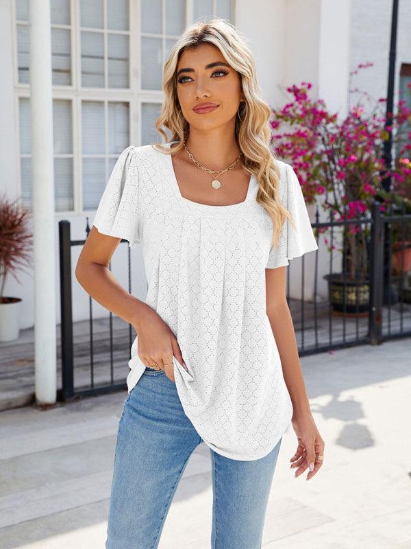 Women's Square Neck Bell Sleeve Pleated Short Sleeve Loose T-Shirt - 808Lush