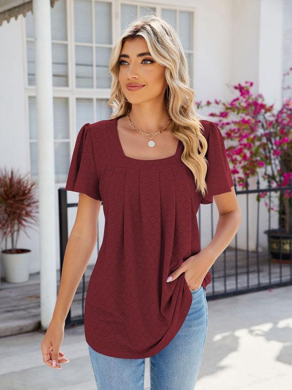 Women's Square Neck Bell Sleeve Pleated Short Sleeve Loose T-Shirt - 808Lush